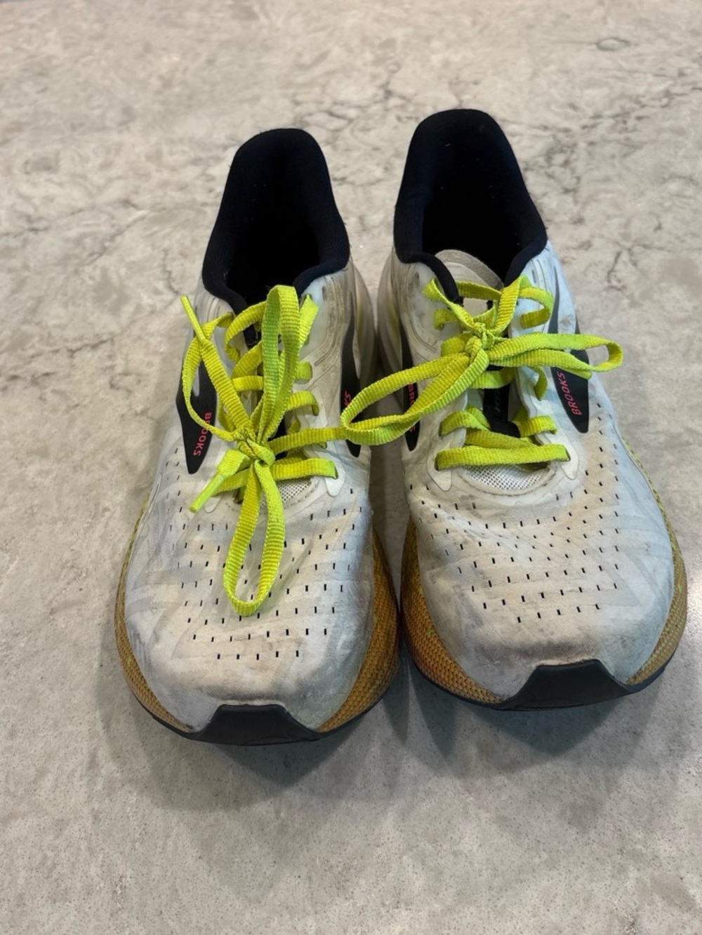 Brooks White Running Shoes with Neon Yellow Laces